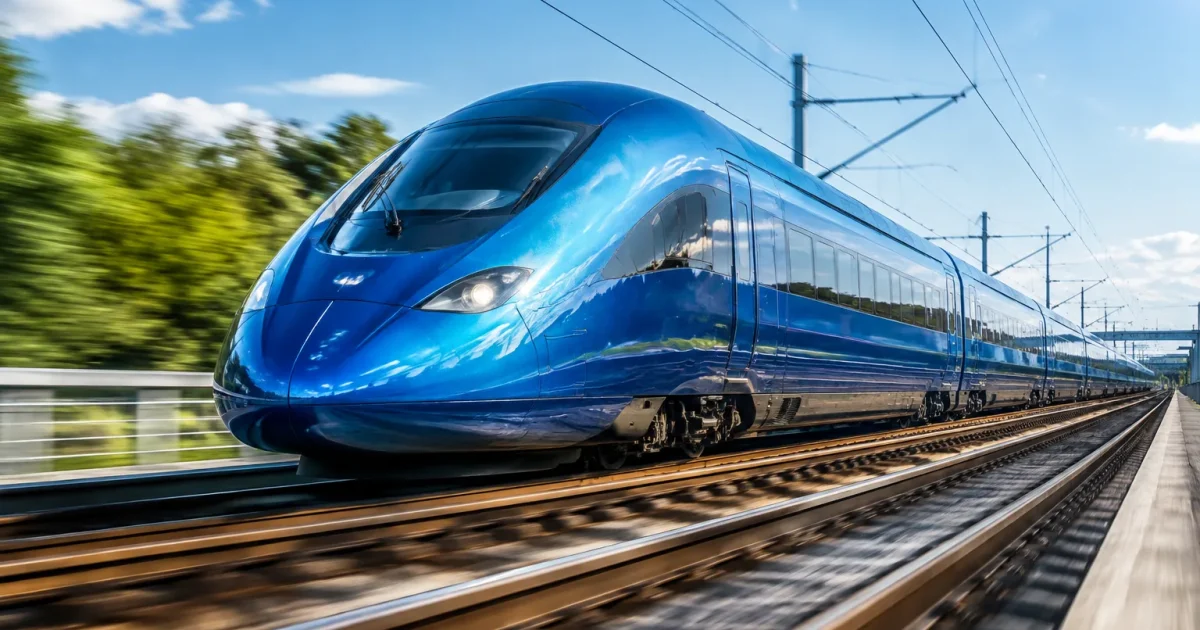 Rame bleu metallique accelerant sur rails lisses