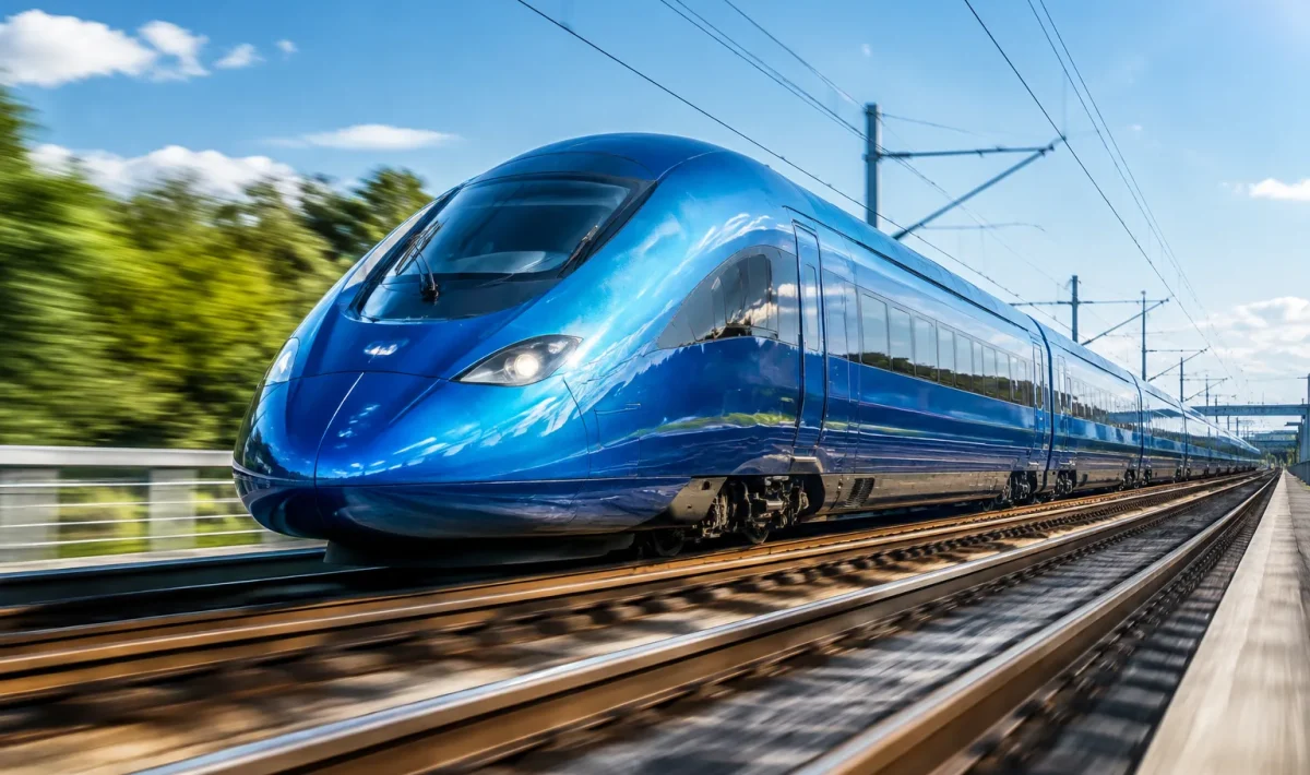 Rame bleu metallique accelerant sur rails lisses