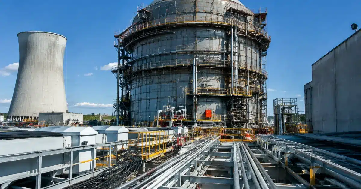 Reacteur nucleaire massif immobile pendant maintenances, structure metallique imposante.