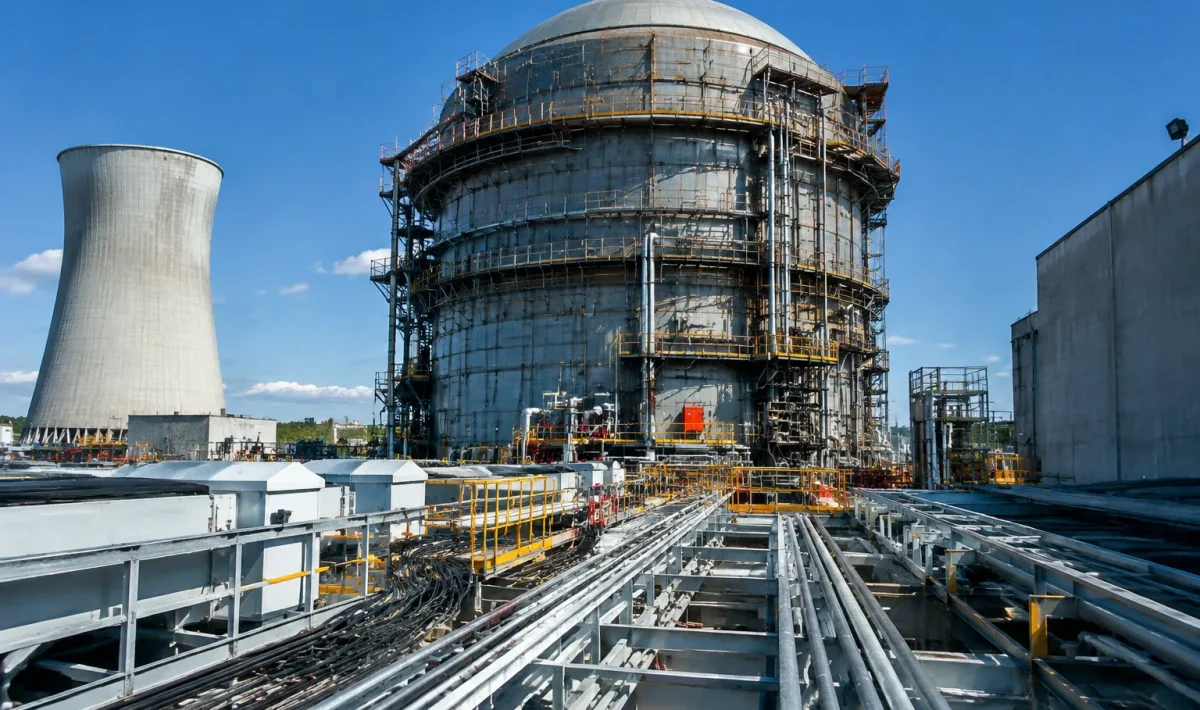 Reacteur nucleaire massif immobile pendant maintenances, structure metallique imposante.