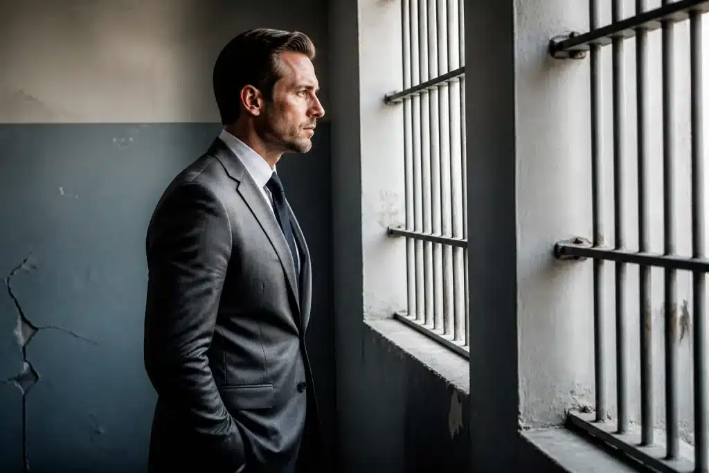 Homme en costume gris regardant par fenetre de prison