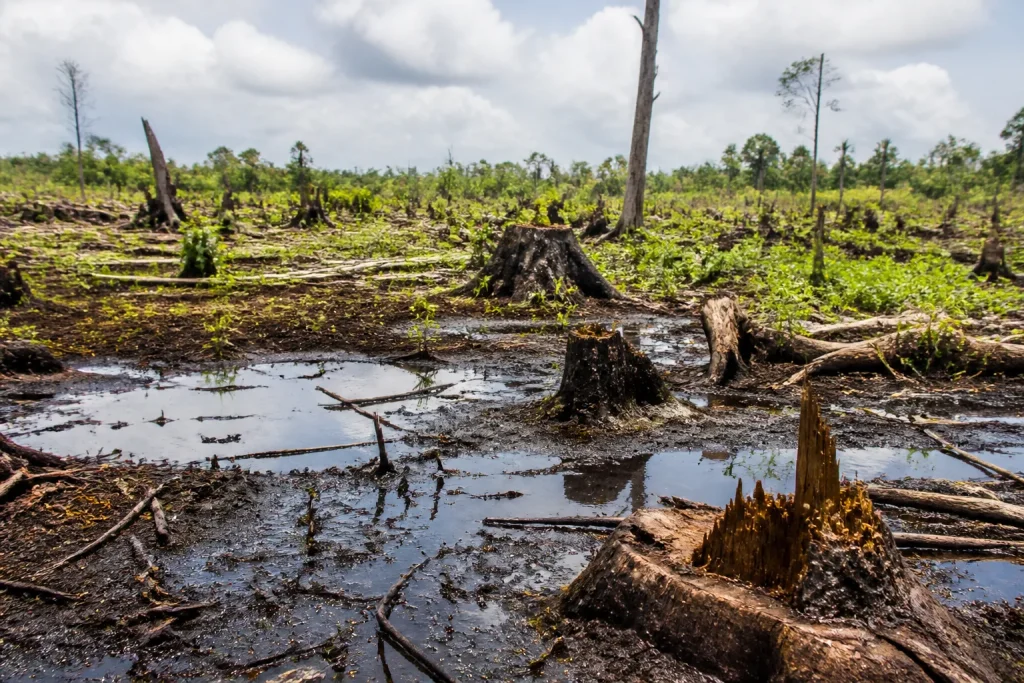 Terrain defriche avec souches arbres et zones humides degradees.