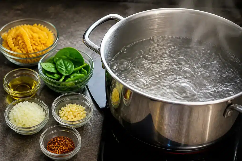 Casserole d'eau bouillante avec ingrédients dosés à côté