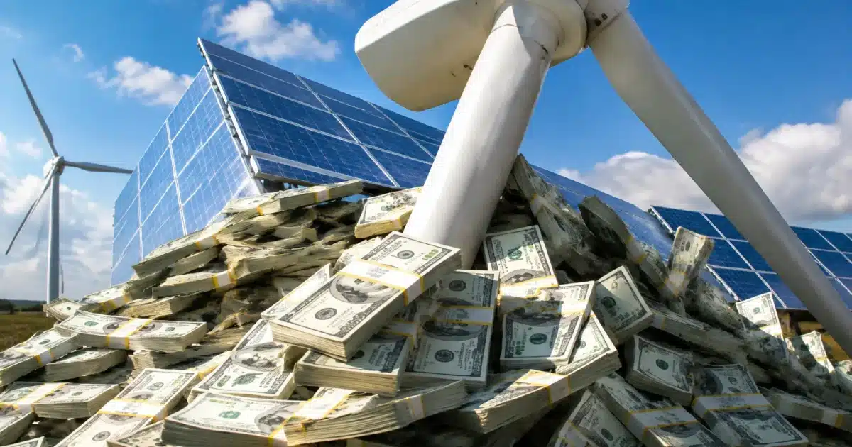 Piles de billets s'effondrant sous le poids d'éoliennes et panneaux solaires
