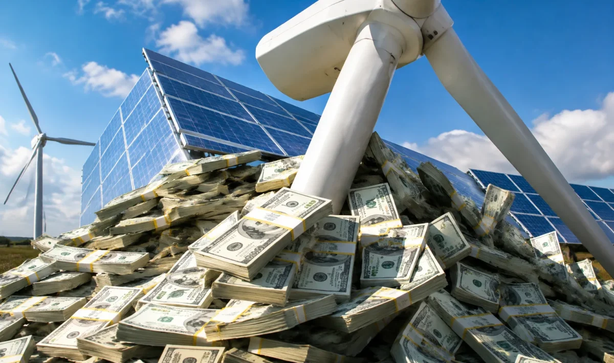 Piles de billets s'effondrant sous le poids d'éoliennes et panneaux solaires
