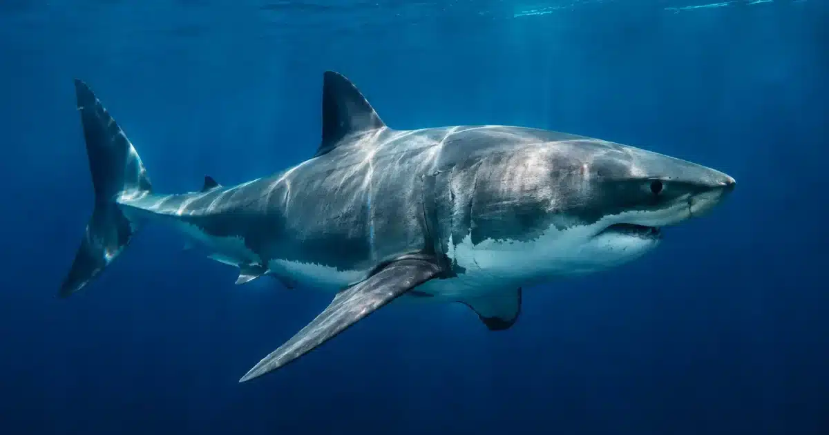 Grand requin blanc nageant en eaux profondes atlantiques, corps lateral visible