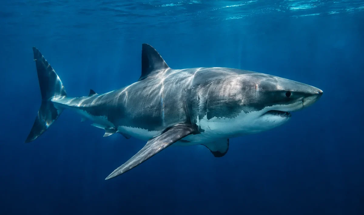 Grand requin blanc nageant en eaux profondes atlantiques, corps lateral visible