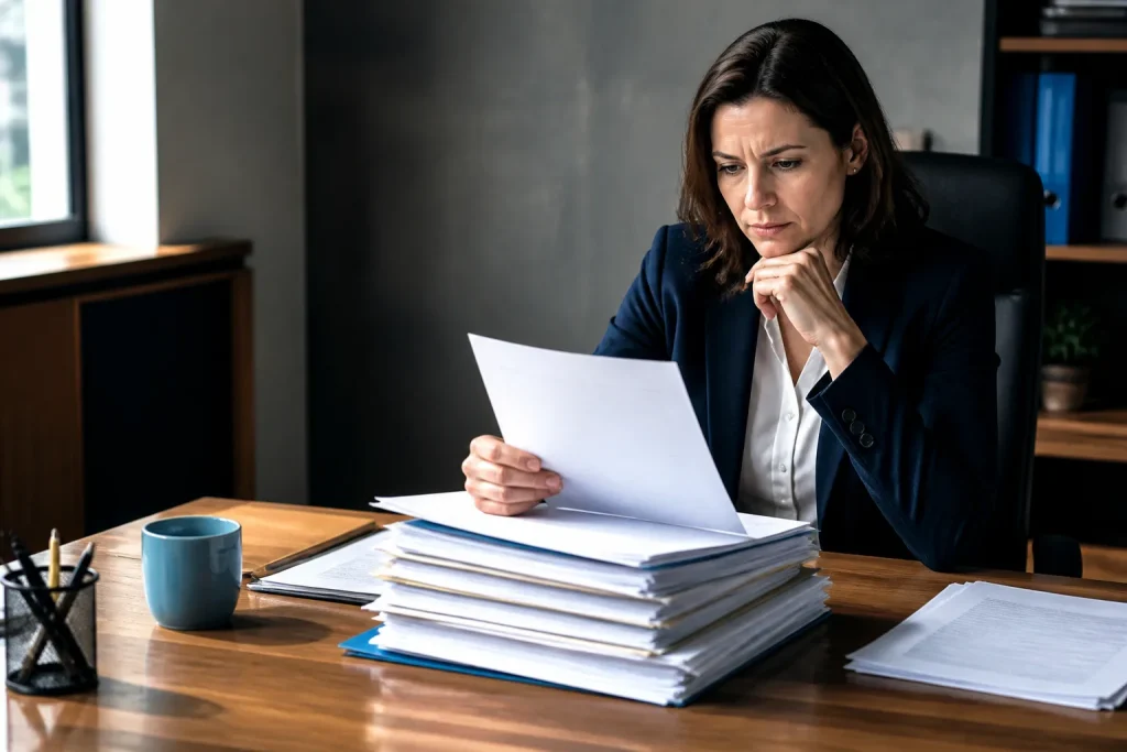 Responsable RH examinant pile dossiers candidats bureau vide