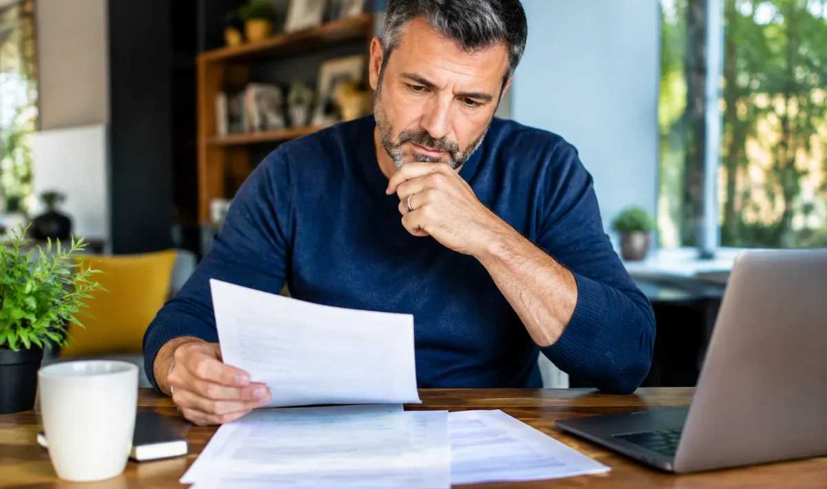 Homme assis consultant documents retraite anticipée sur table