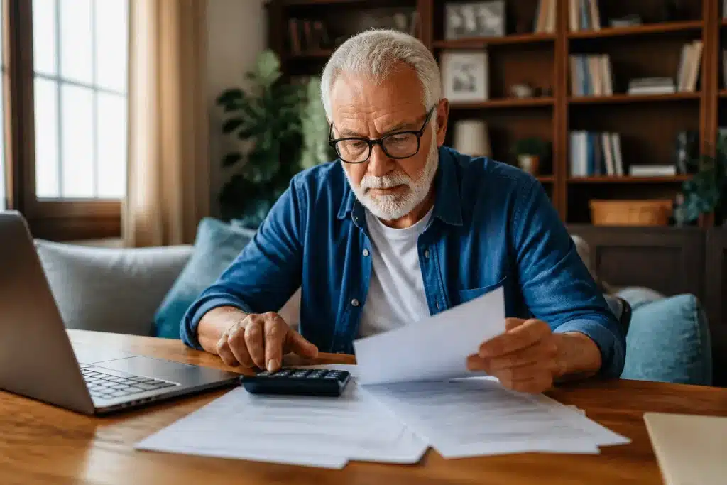 Homme âgé consultant documents financiers avec calculatrice