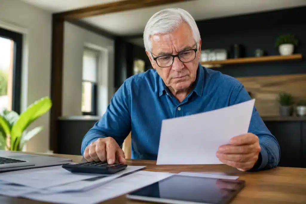 Retraité consultant ses documents financiers à domicile