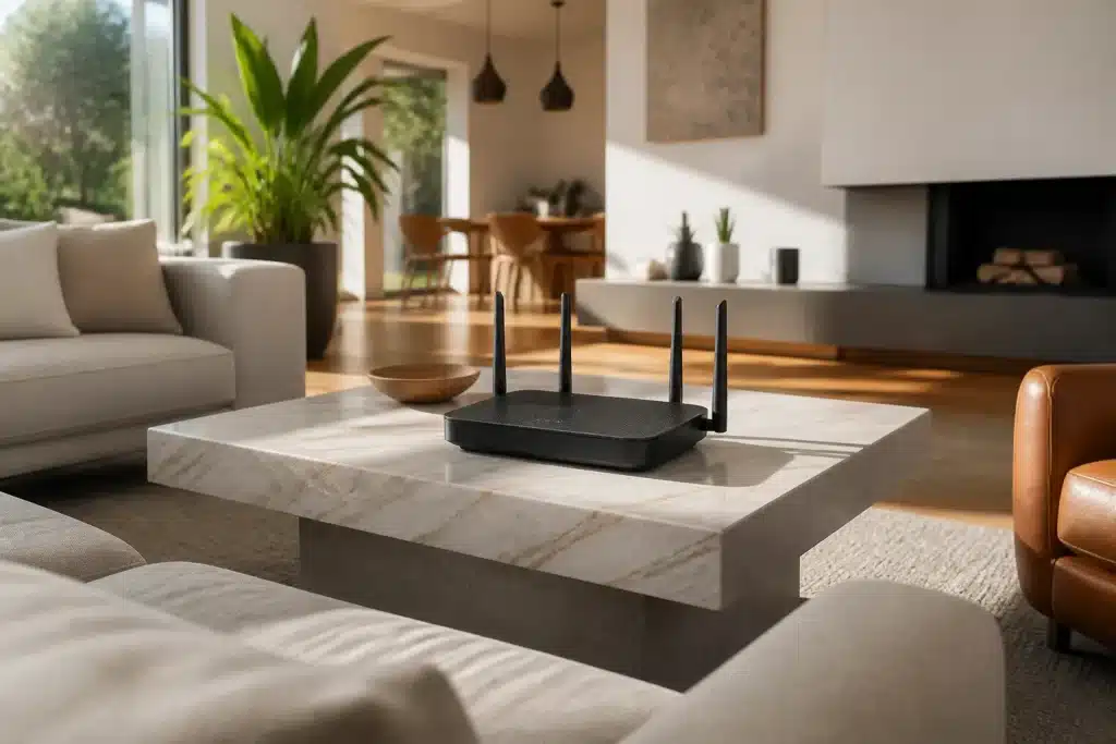 Routeur Wi-Fi sureleve au centre salon loin obstacles