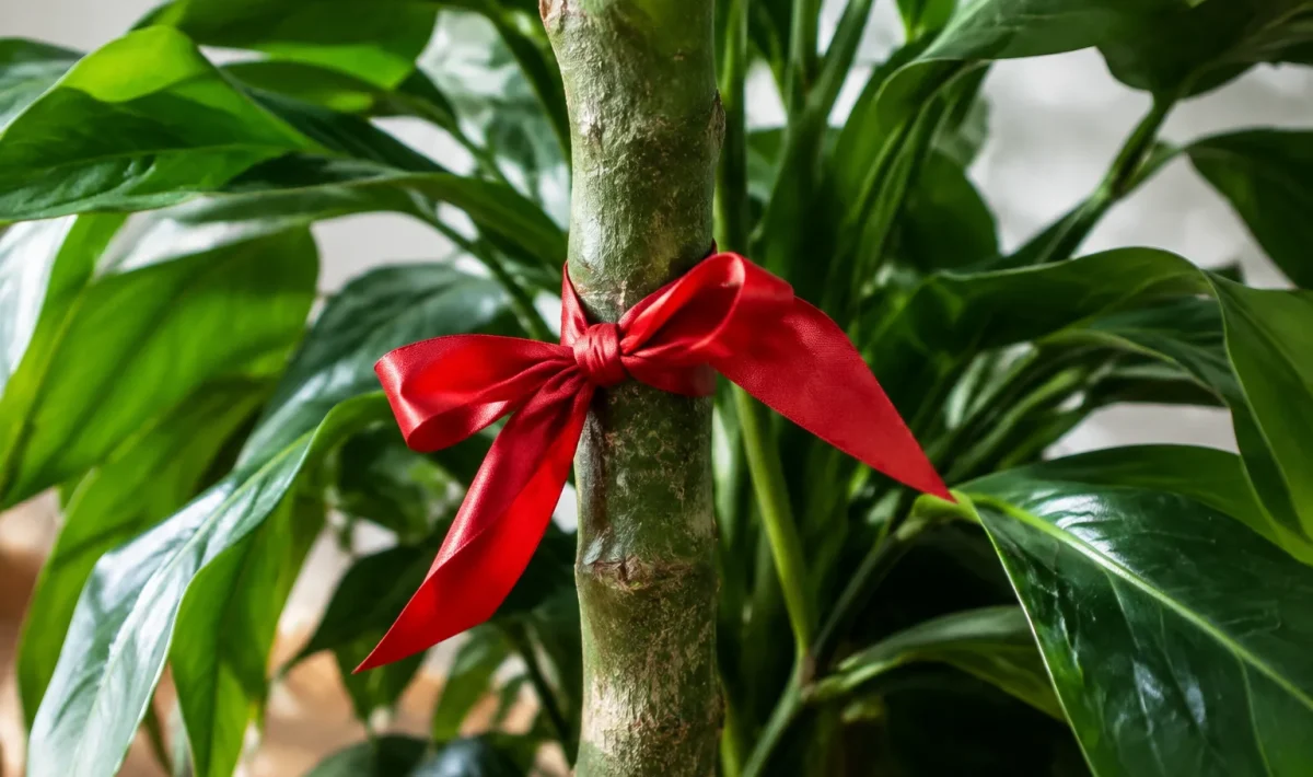 Ruban rouge noue autour du tronc d'une plante verte