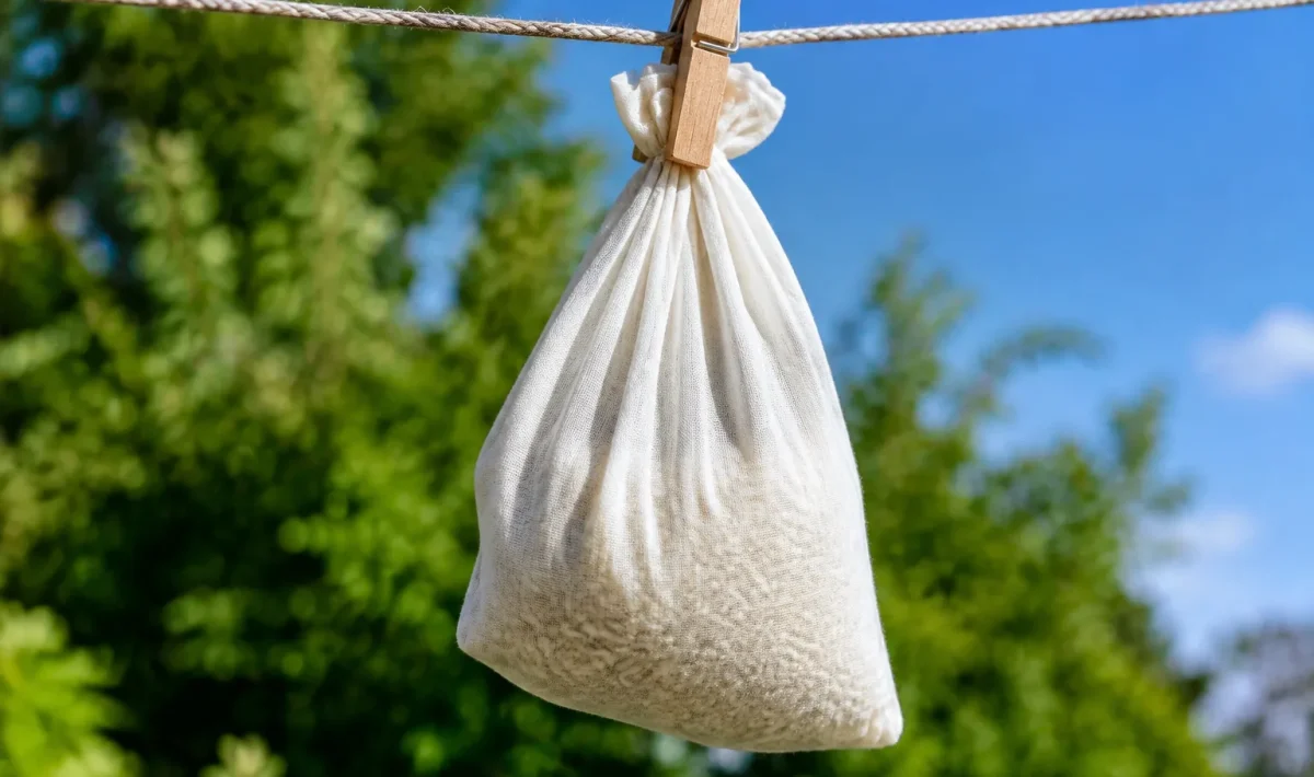 Sachet de tissu rempli de riz blanc suspendu sur corde a linge