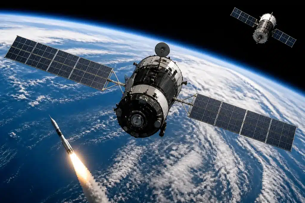 Satellites en orbite terrestre avec fusées et technologies spaciales