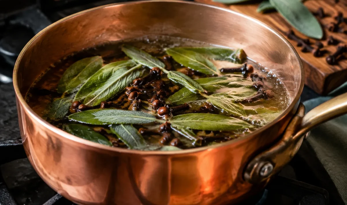 Casserole en cuivre contenant sauge et clous de girofle en cuisson