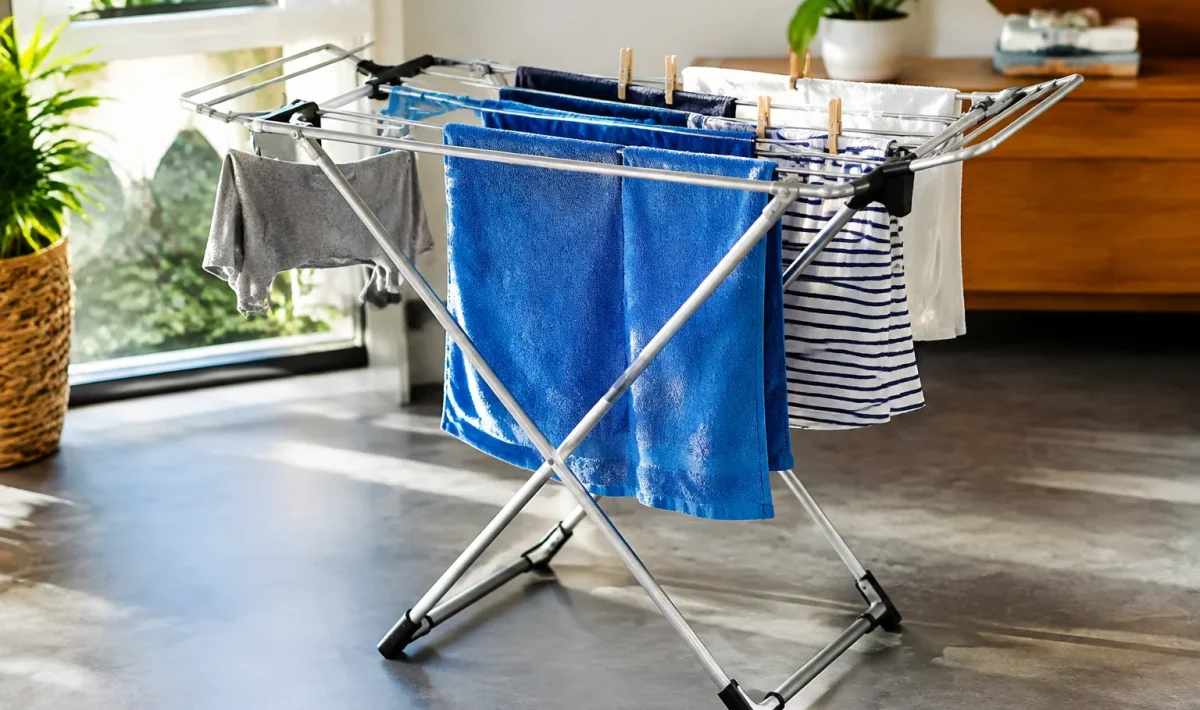 Petit séchoir compact pour linge mouillé sur support métallique
