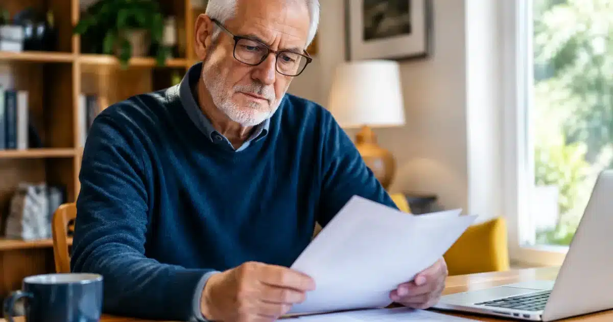 Homme senior consulte documents administratifs retraite assis bureau