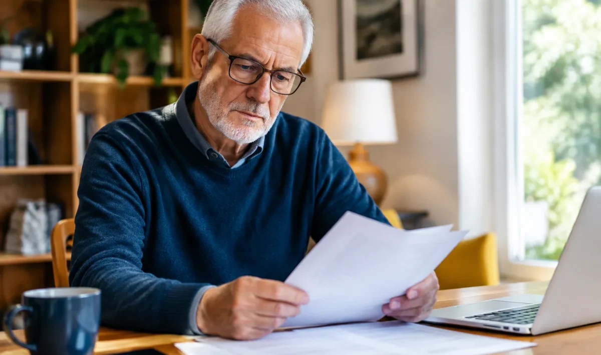 Homme senior consulte documents administratifs retraite assis bureau