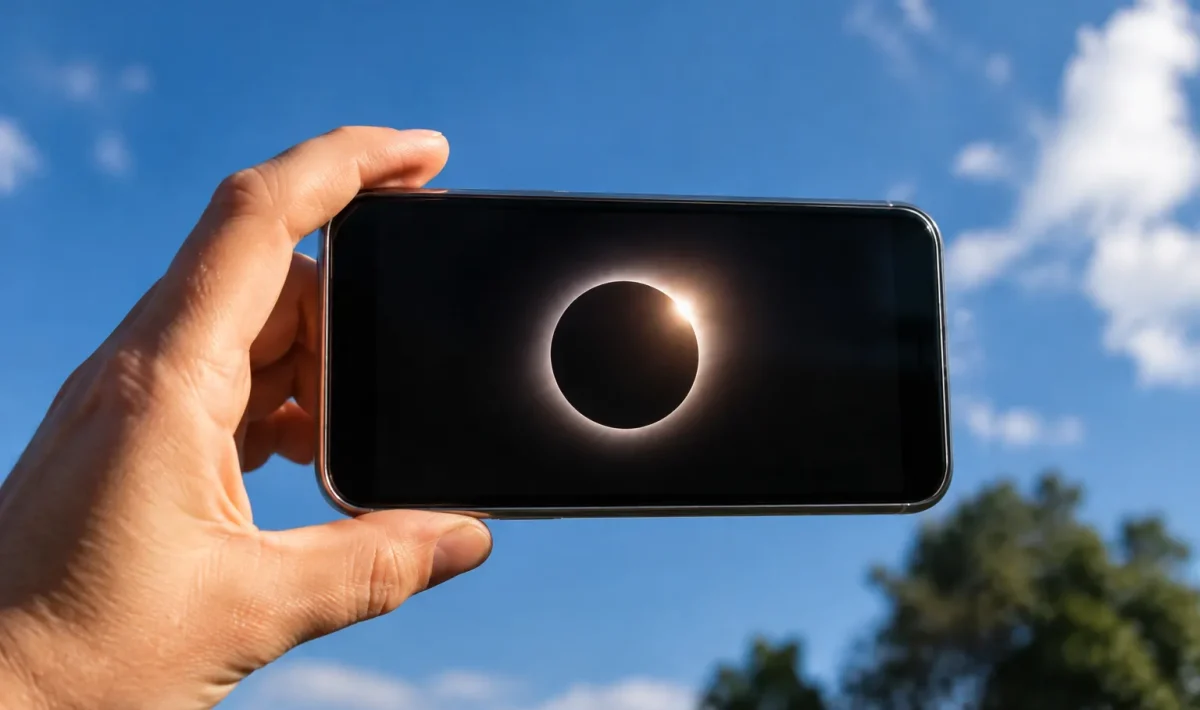 Smartphone positionne horizontalement capte bandes noires eclipse solaire