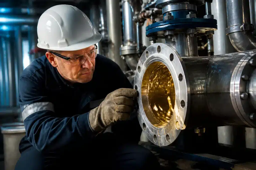 Technicien inspectant tuyauterie metallique avec sodium liquide corrosif