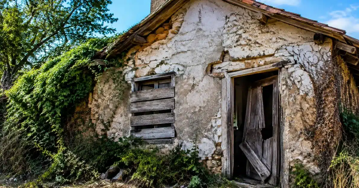 Maison abandonnee avec porte enfoncee et fenetre barricadee