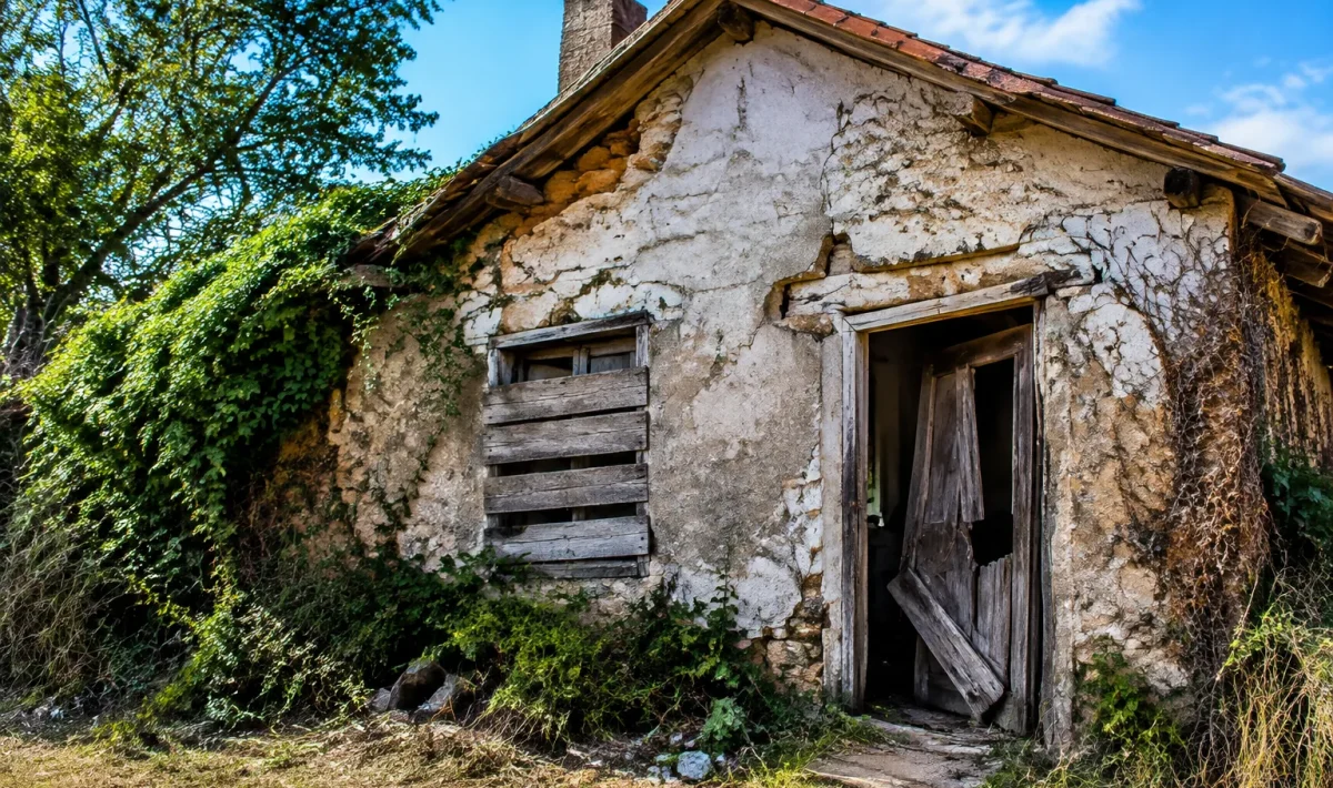 Maison abandonnee avec porte enfoncee et fenetre barricadee
