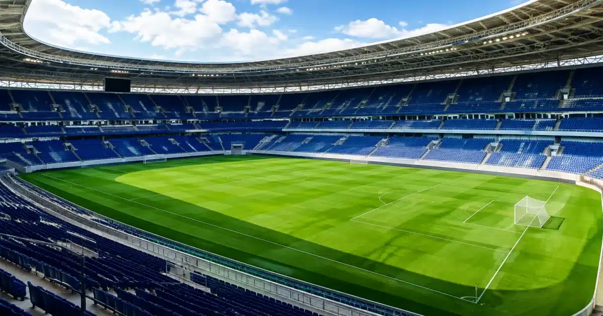 Grand stade moderne avec pelouse verte entourée de tribunes imposantes