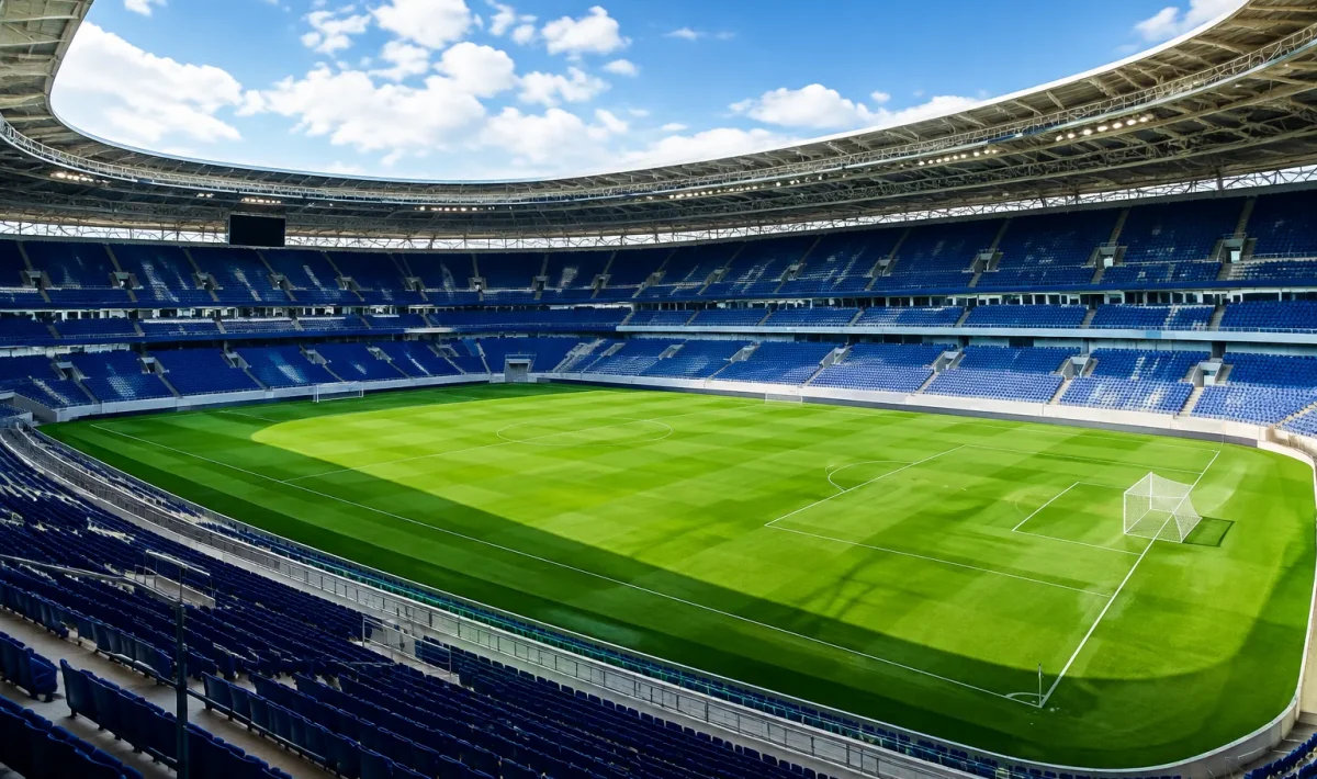Grand stade moderne avec pelouse verte entourée de tribunes imposantes