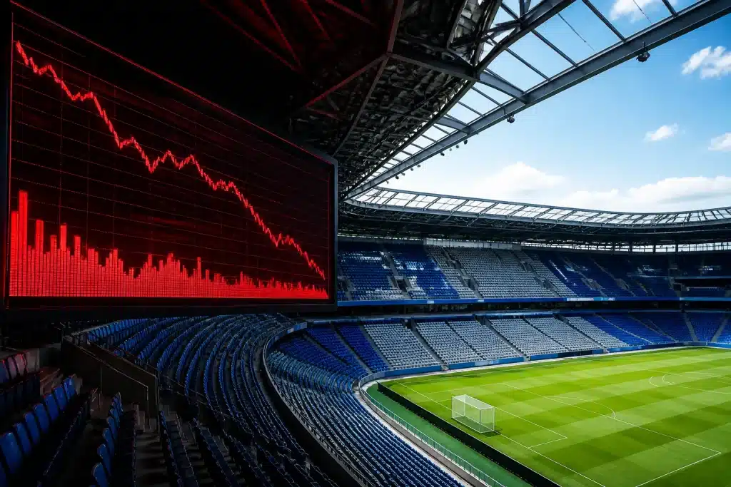 Stade vide avec chiffres financiers rouges affichés
