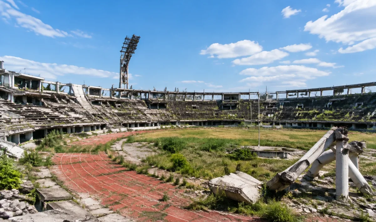 Stades olympiques en ruine, structures beton delabrees, gradins vides et colonnes effondrees