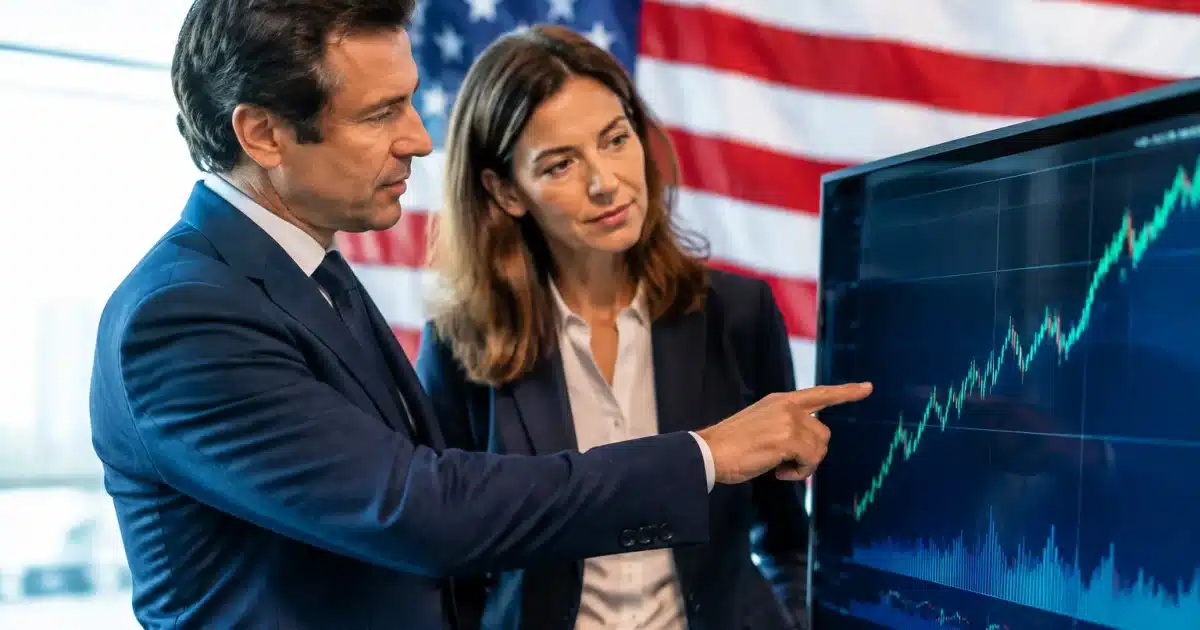 Dirigeants francais presentant graphique boursier ascendant devant drapeau americain