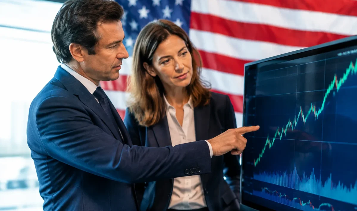 Dirigeants francais presentant graphique boursier ascendant devant drapeau americain