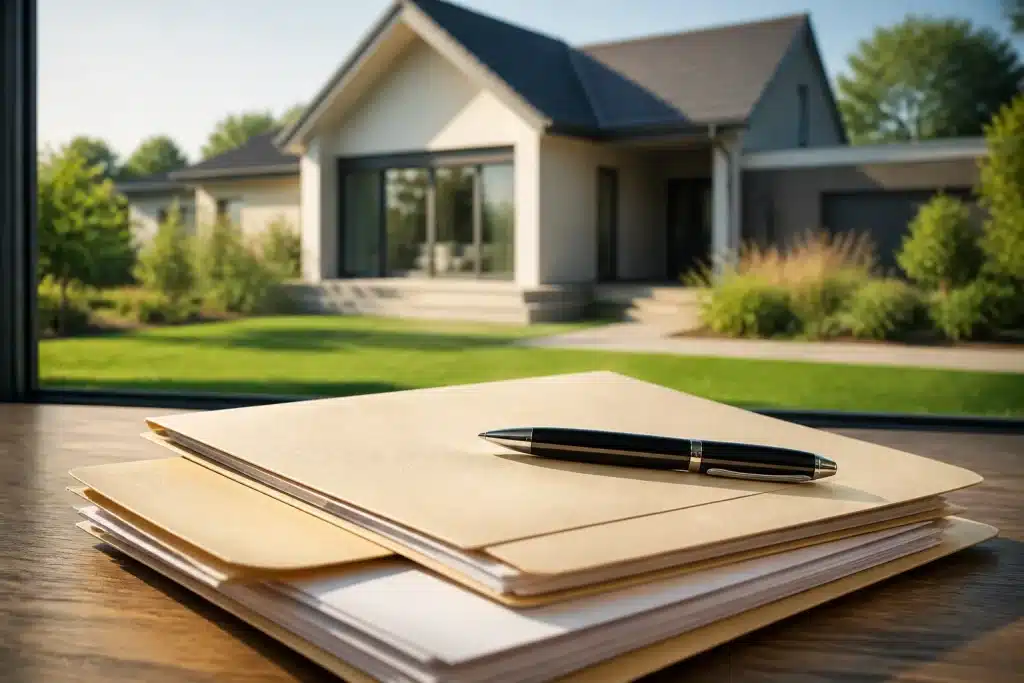 Documents d'heritage avec stylo et maison en arriere-plan