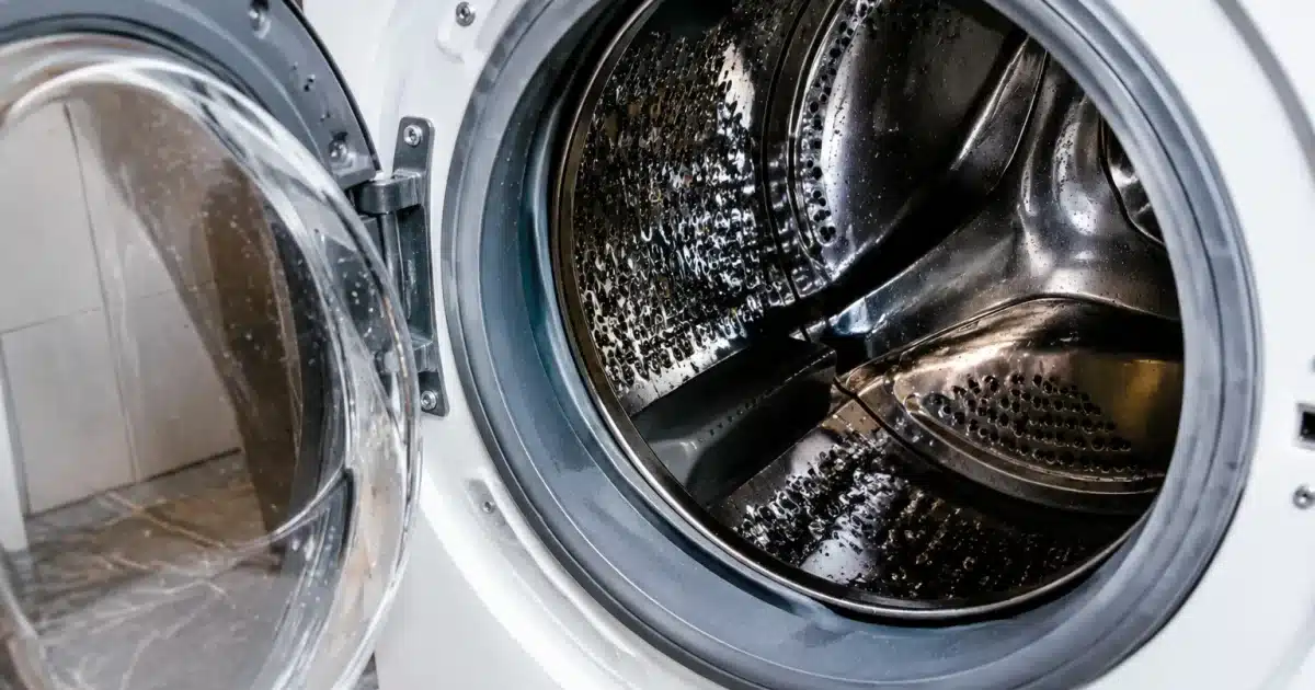 Tambour de machine a laver grand ouvert revelant son interieur humide