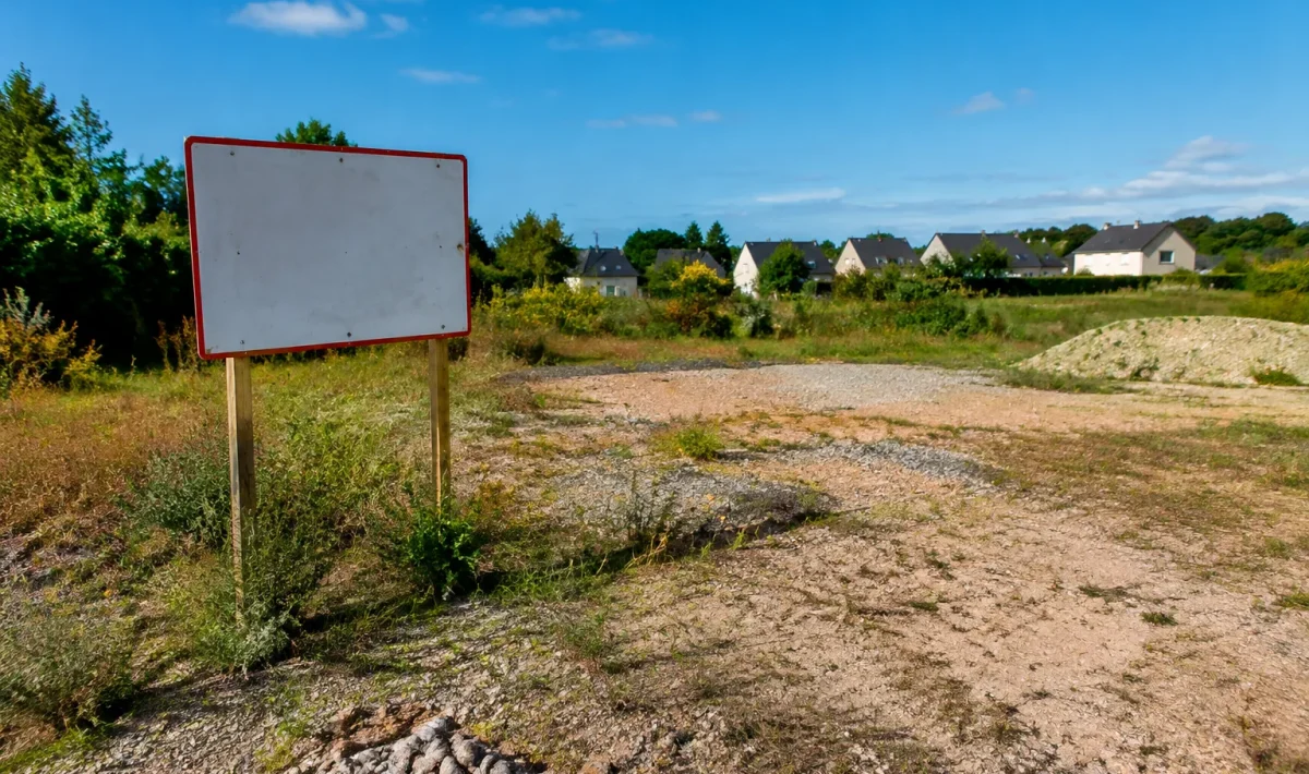 Terrain vague avec pancartes de chantier abandonne sans construction