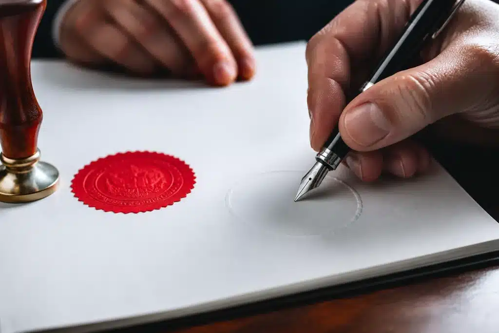 Document officiel avec tampon de cour et signature notariée