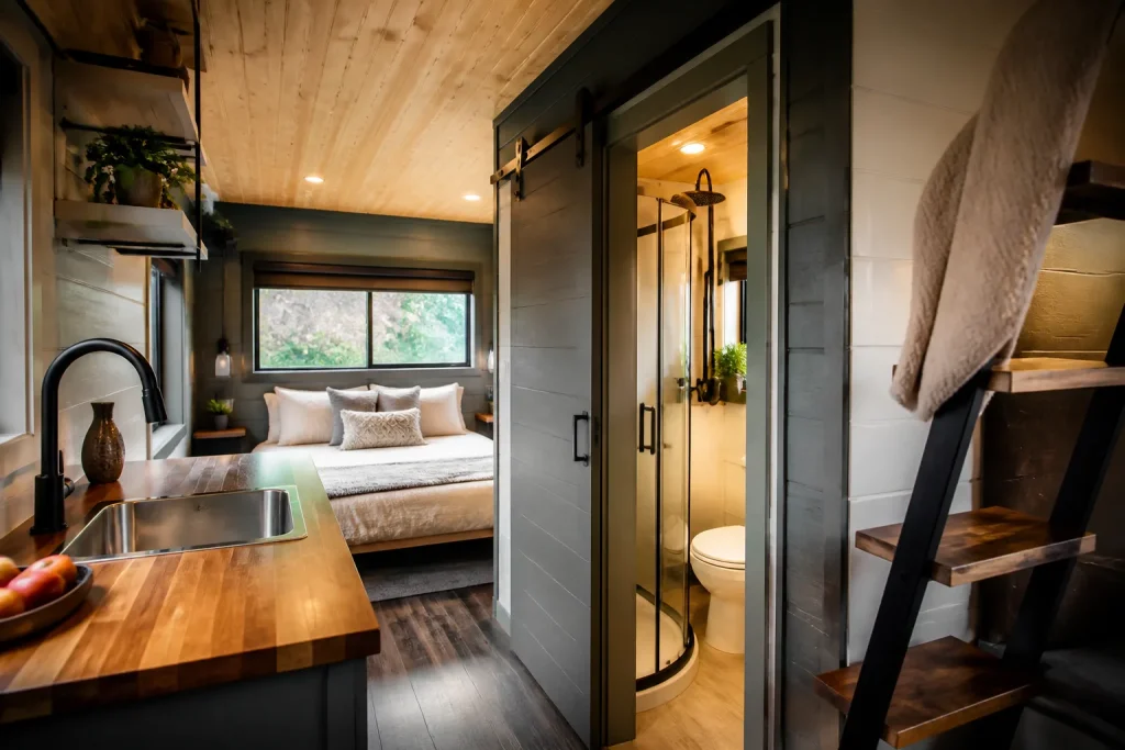 Interieur compact avec lit, cuisine et salle eau integres