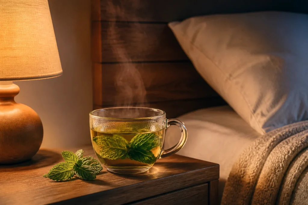 Tasse de tisane menthe fumante pres lampe chevet