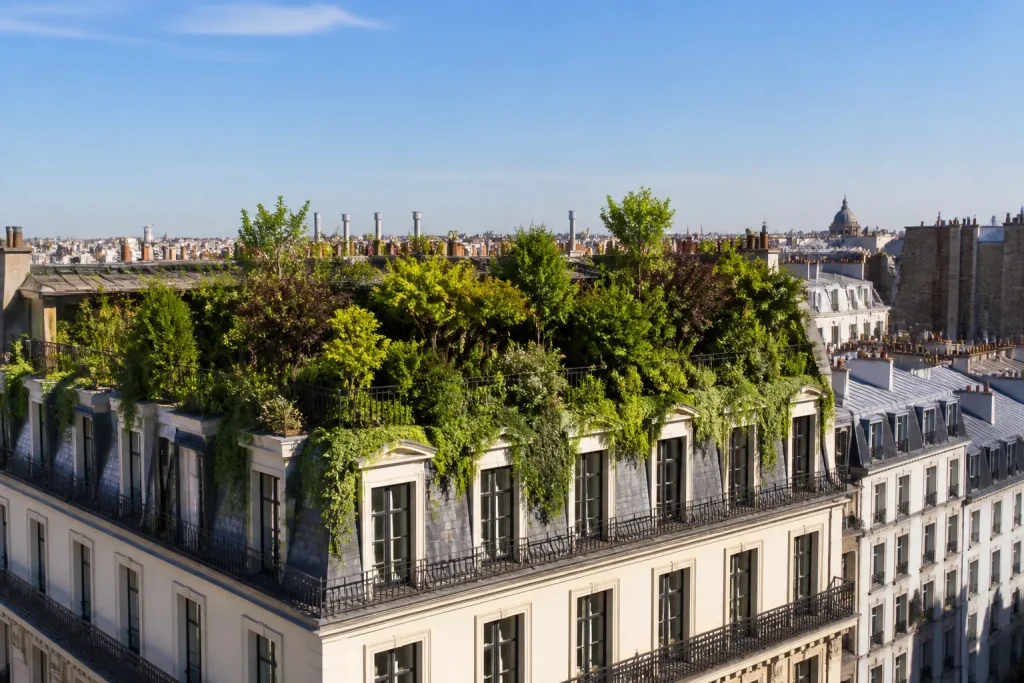 Toiture végétalisée avec plantes vertes luxuriantes sur immeuble parisien