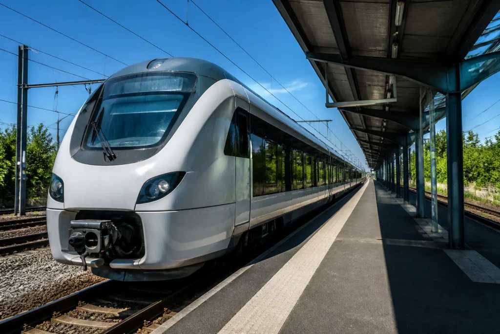 Train regional blanc stationne a quai ferroviaire