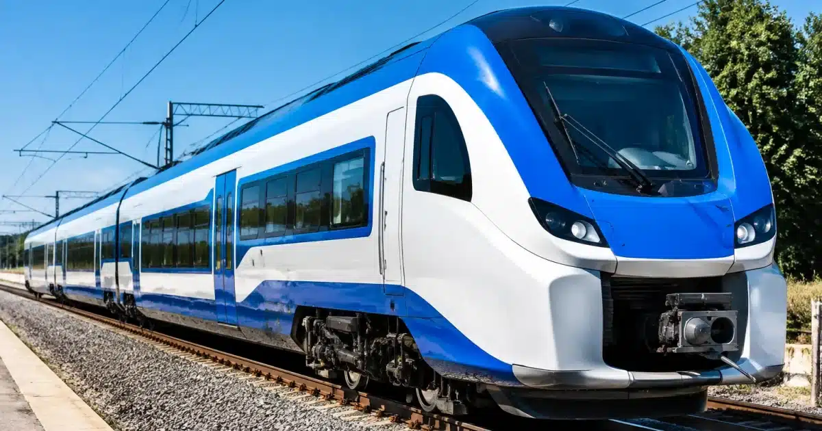 Train électrique blanc et bleu stationné sur les rails