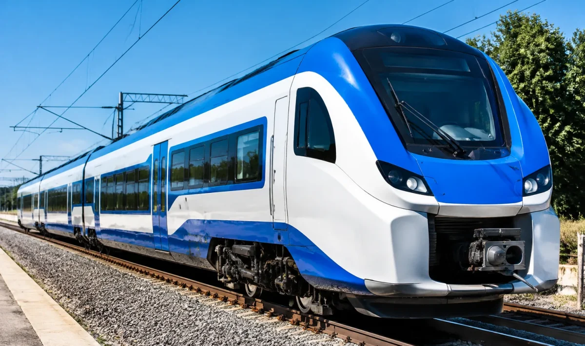 Train électrique blanc et bleu stationné sur les rails