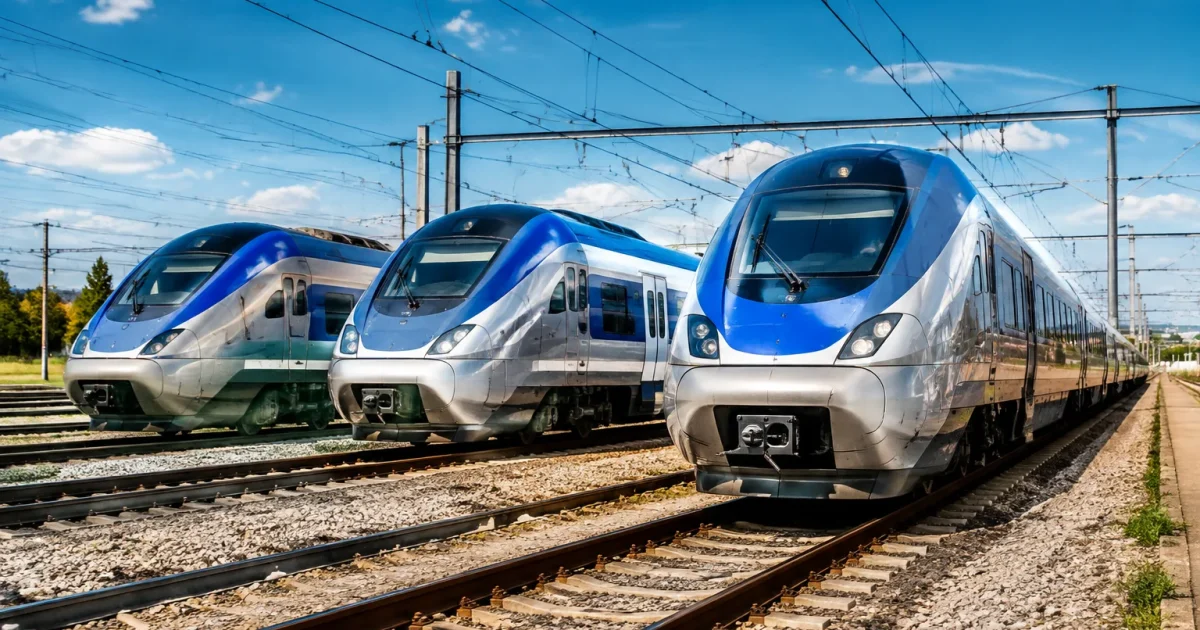 Plusieurs rames modernes stationnees sur voies ferrees