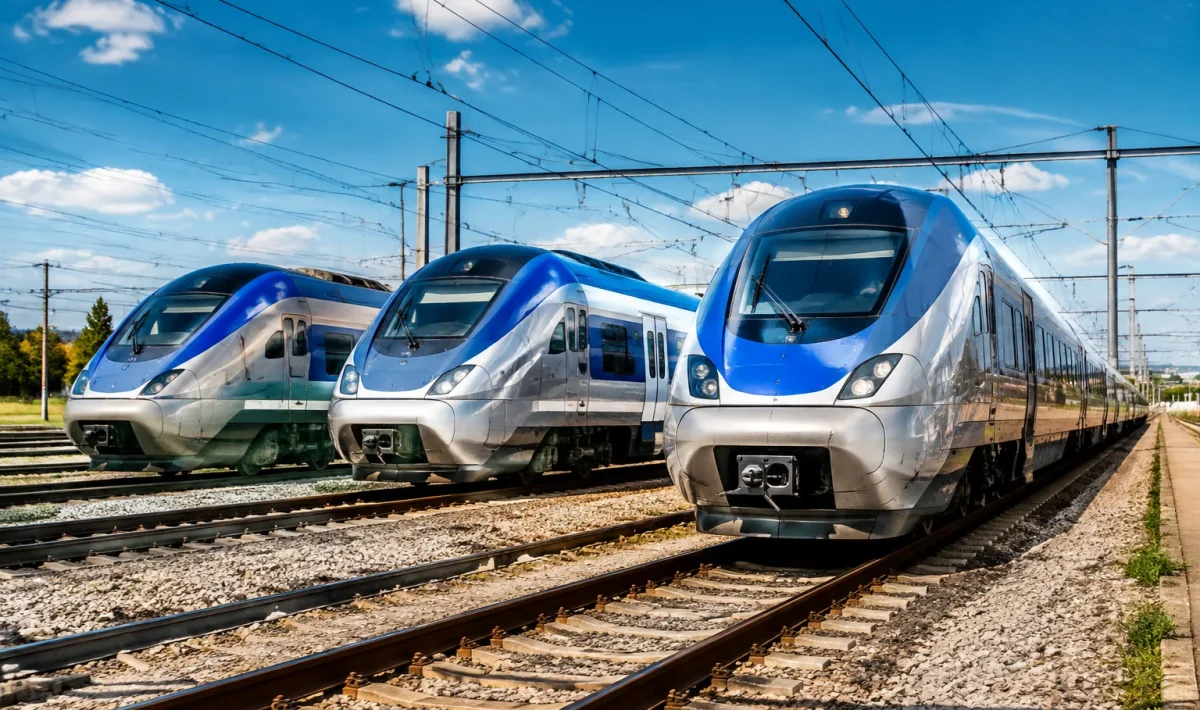 Plusieurs rames modernes stationnees sur voies ferrees