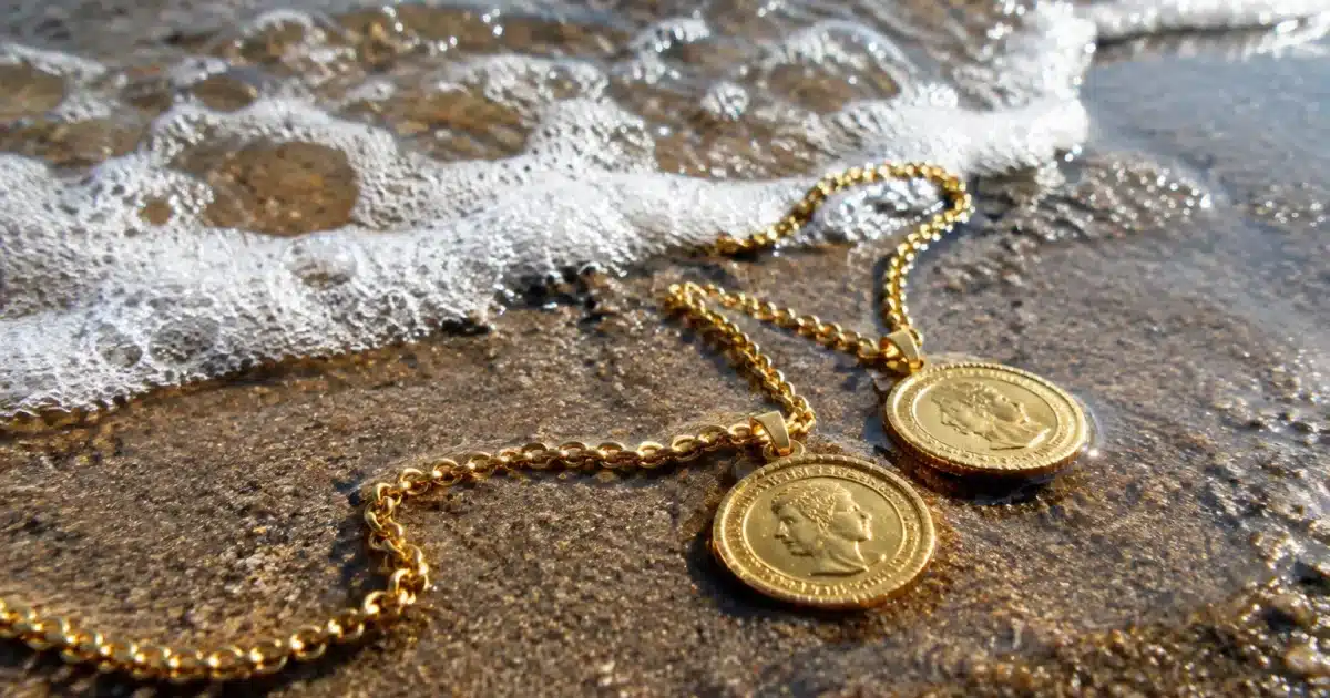 Pieces d'or et chainette metallique posees sur sable humide de plage