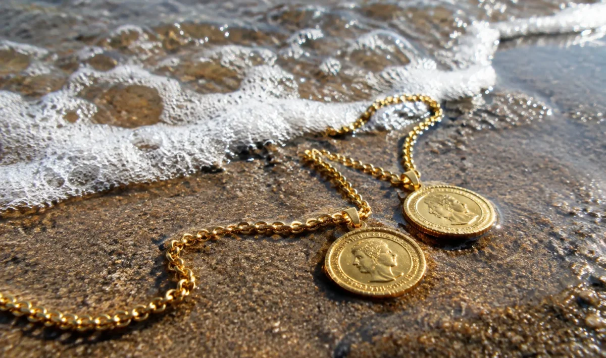 Pieces d'or et chainette metallique posees sur sable humide de plage