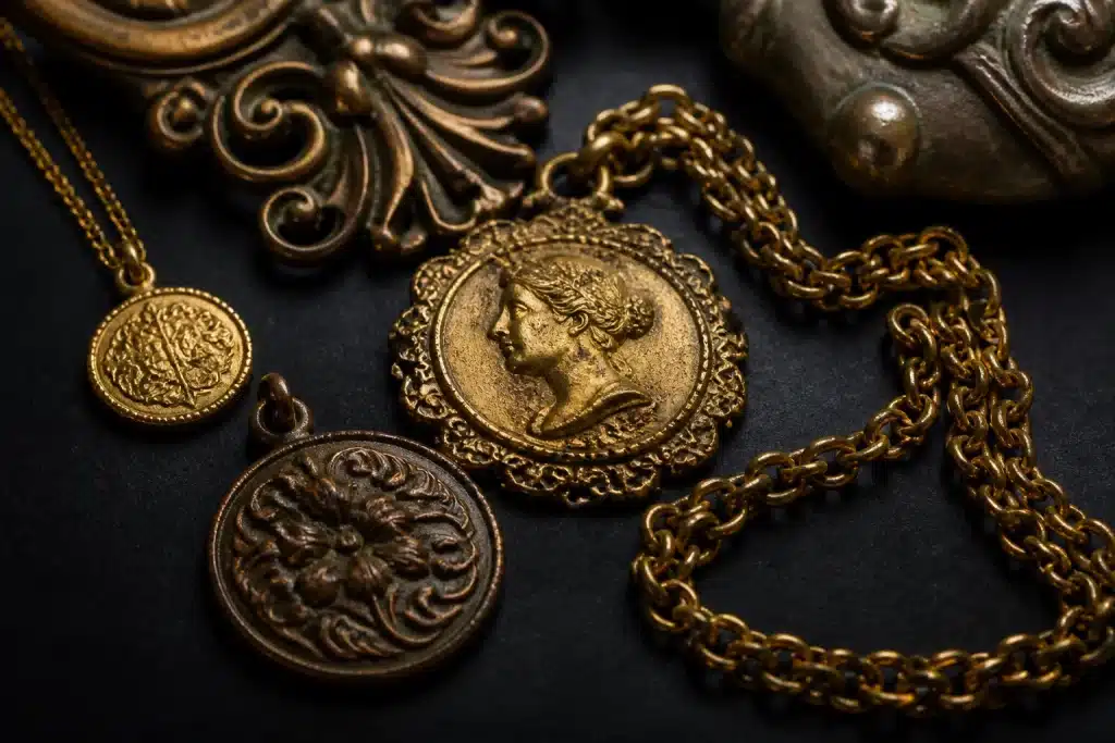 Pieces or anciennes patinees avec chaine doree sur fond sombre