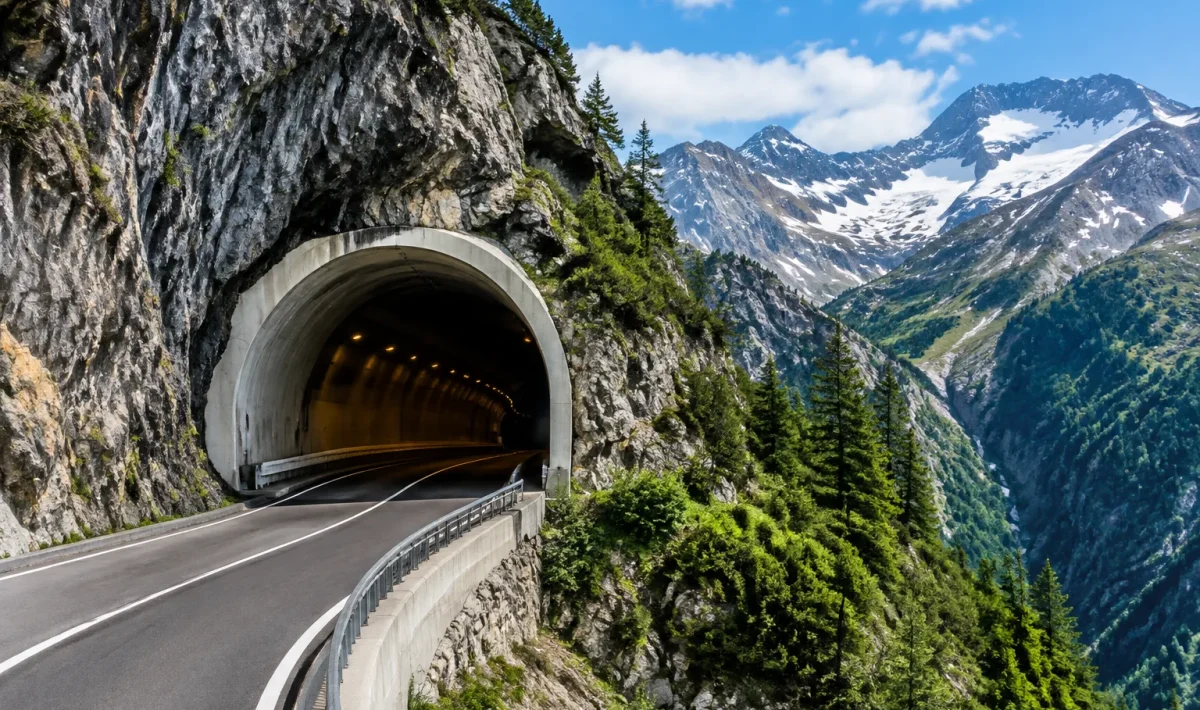 Tunnel de montagne partiellement creuse sous les Alpes