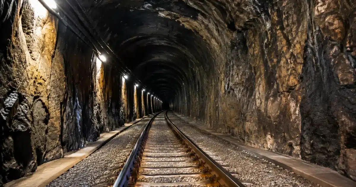 Tunnel de montagne souterrain éclairé par lampes, rails vides s'enfonçant dans l'obscurité